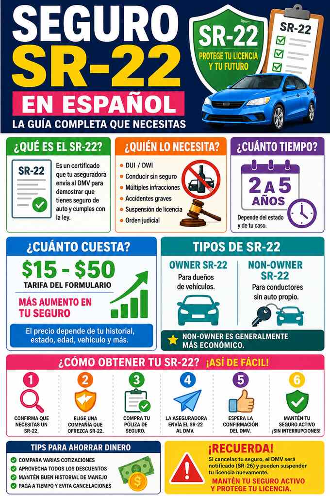 Infografía en español sobre requisitos, costos, tipos y pasos del certificado SR-22