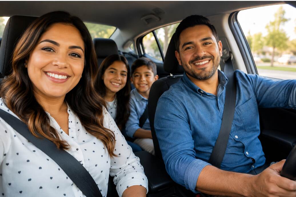 Familia latina dentro de un vehículo al considerar opciones de seguro de auto como Nationwide