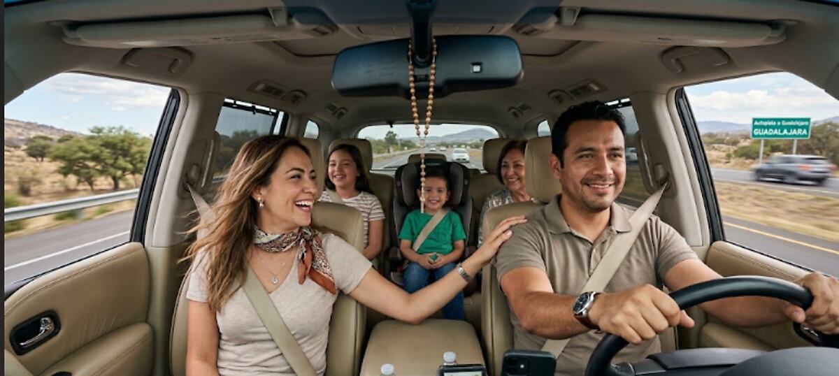 Pareja latina y su familia viajando en auto tras cotizar aseguranza de carro en línea