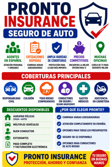 Infografía de Pronto Insurance sobre coberturas, descuentos y beneficios del seguro de auto