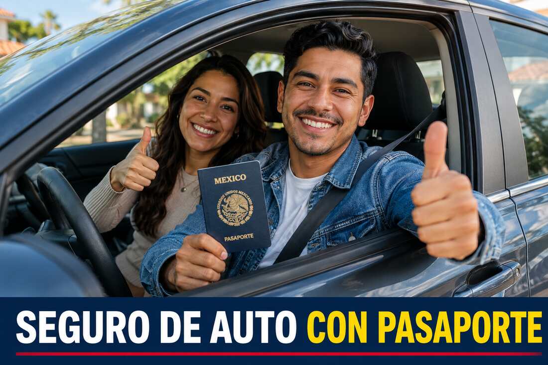 Pareja latina en un automóvil mostrando un pasaporte mexicano para informarse sobre seguro de auto