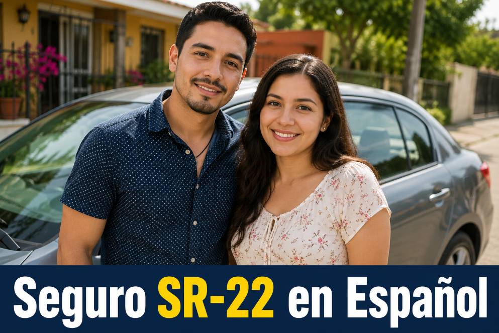Pareja latina junto a su automóvil al buscar un seguro SR-22 en español