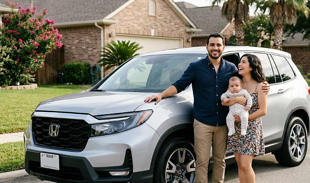 Familia latina junto a su vehículo al evaluar el seguro de auto de The Hartford
