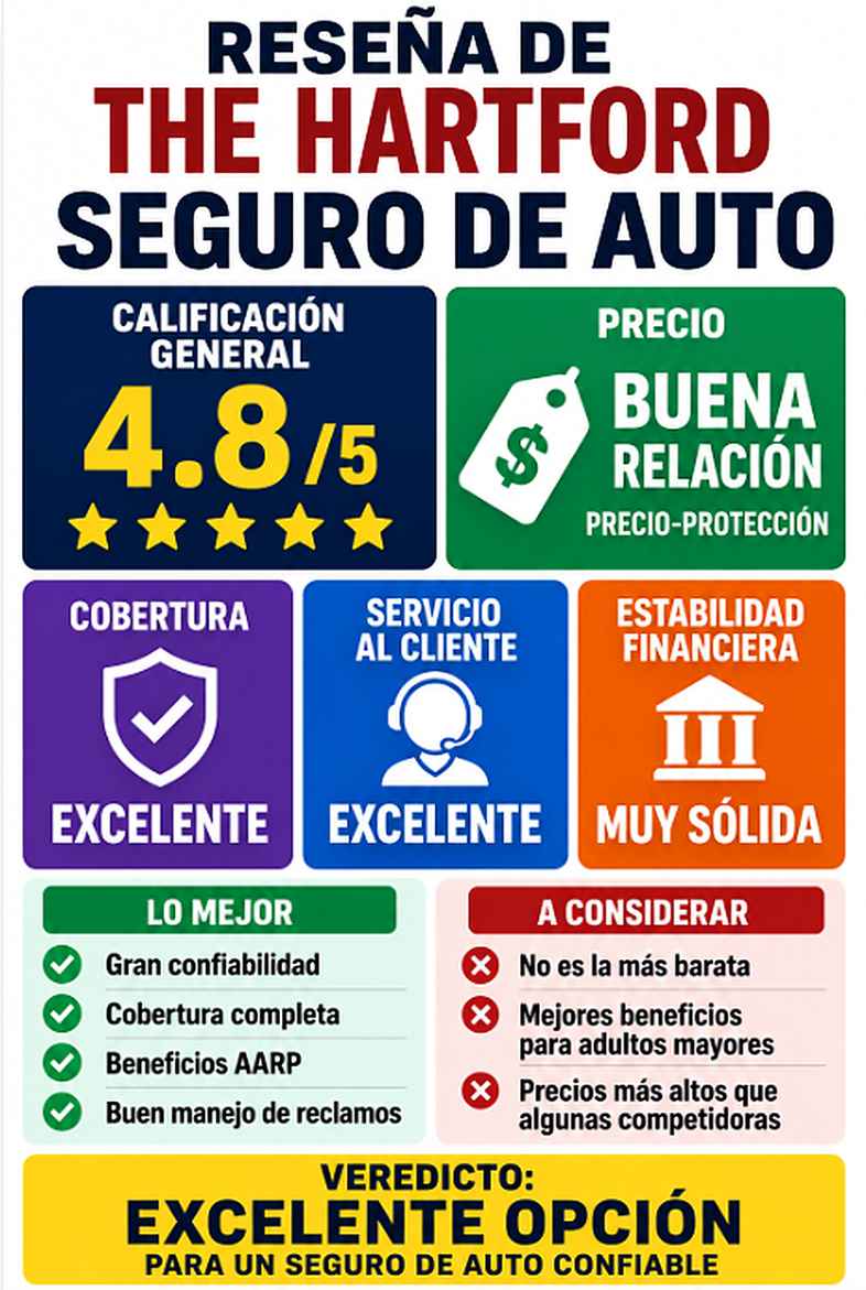 Infografía de la reseña de The Hartford con calificación, cobertura, servicio y estabilidad financiera