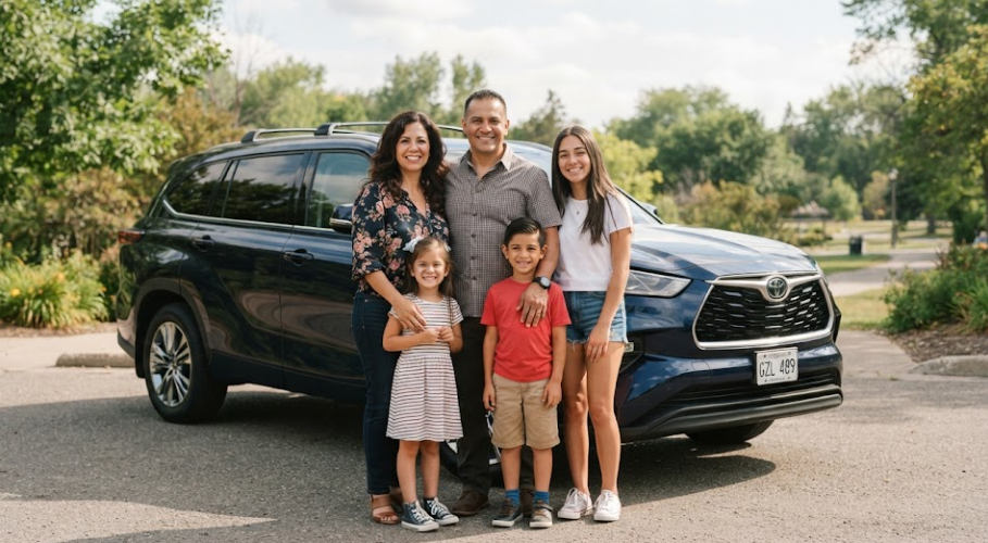 Familia sonriente junto a un vehículo SUV al aire libre