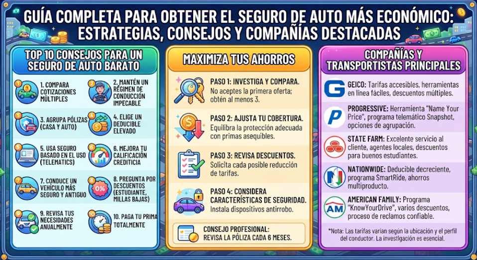Infografía en español con consejos, descuentos y compañías para comparar seguros de auto