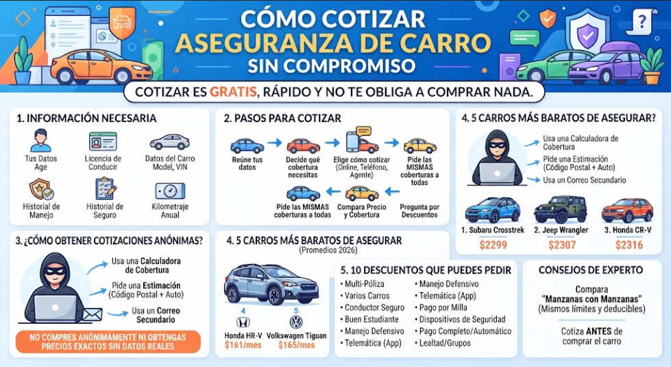 Infografía sobre datos necesarios, pasos para cotizar aseguranza de carro, descuentos y comparación de coberturas