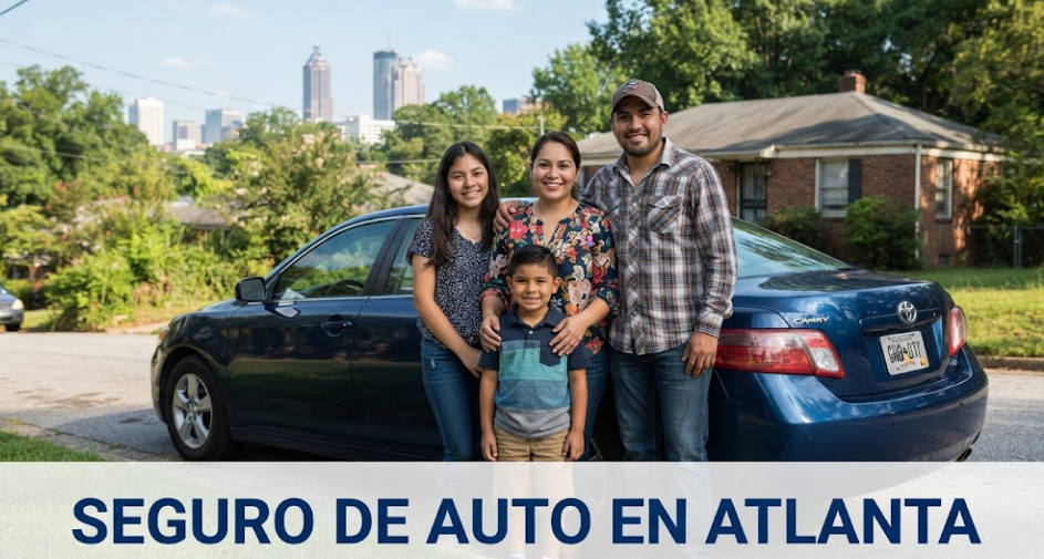 Familia latina junto a un automóvil en Atlanta, con el texto Seguro de auto en Atlanta